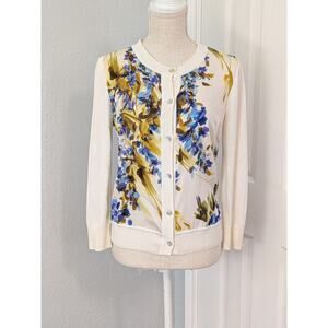 St John watercolor printed Floral silk panel wool cashmere blend cardigan Small